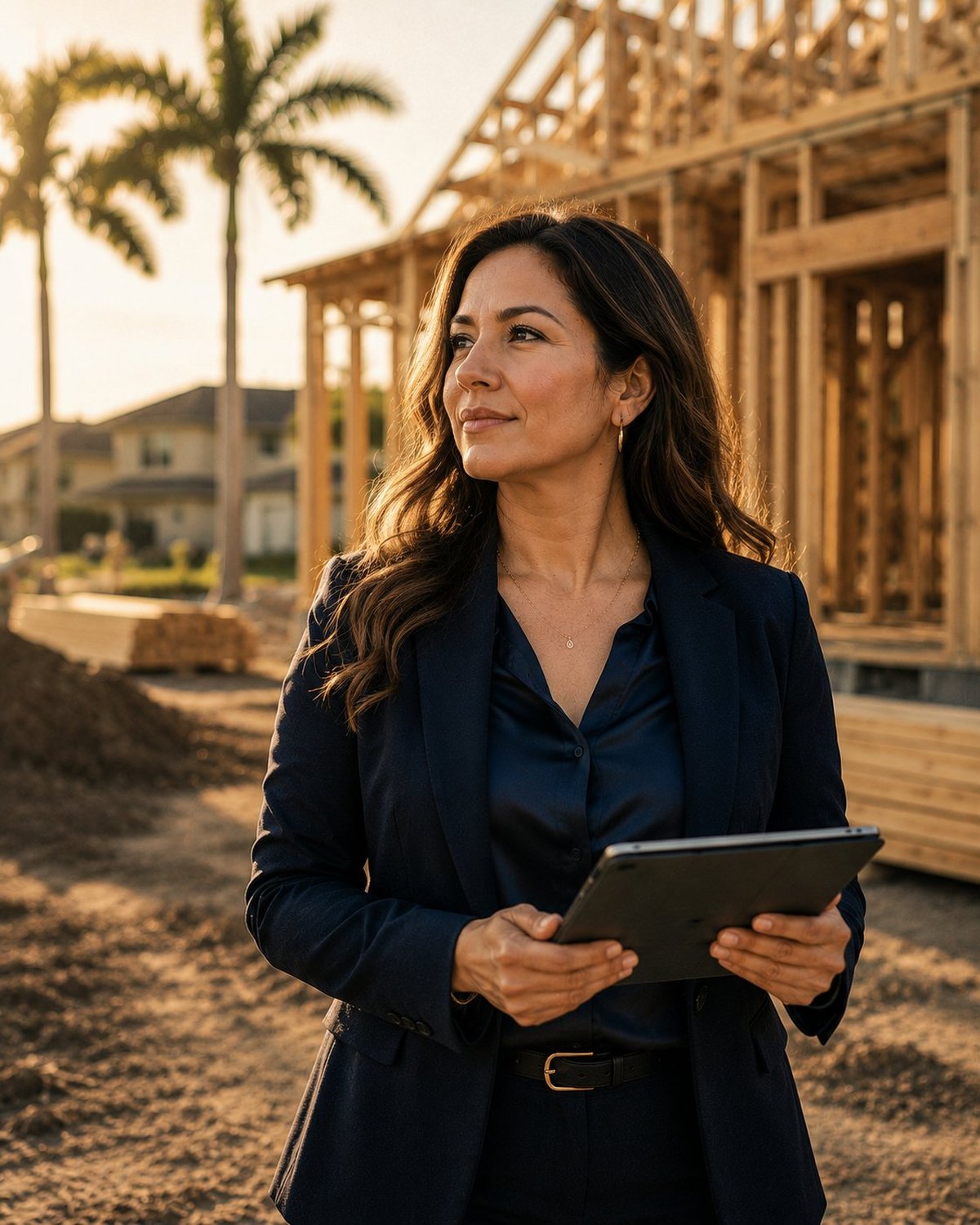Bookkeeping boutique para contractors hispanos en SW Florida — sitio de construcción residencial en Cape Coral al atardecer